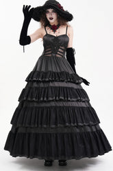 Black Multi-Layered Ruffle Lace-Up Mesh Women's Gothic Dress